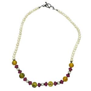 Fresh water pearl strand with hand blown glass rose sterling silver 925